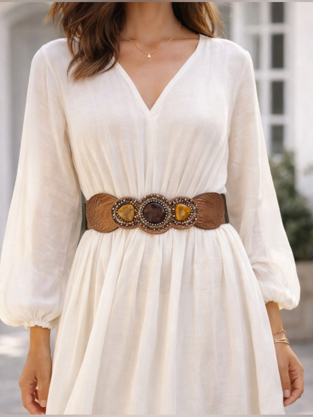 Chico’s Brown Embossed Leather Statement Belt Beaded Gem Wide M